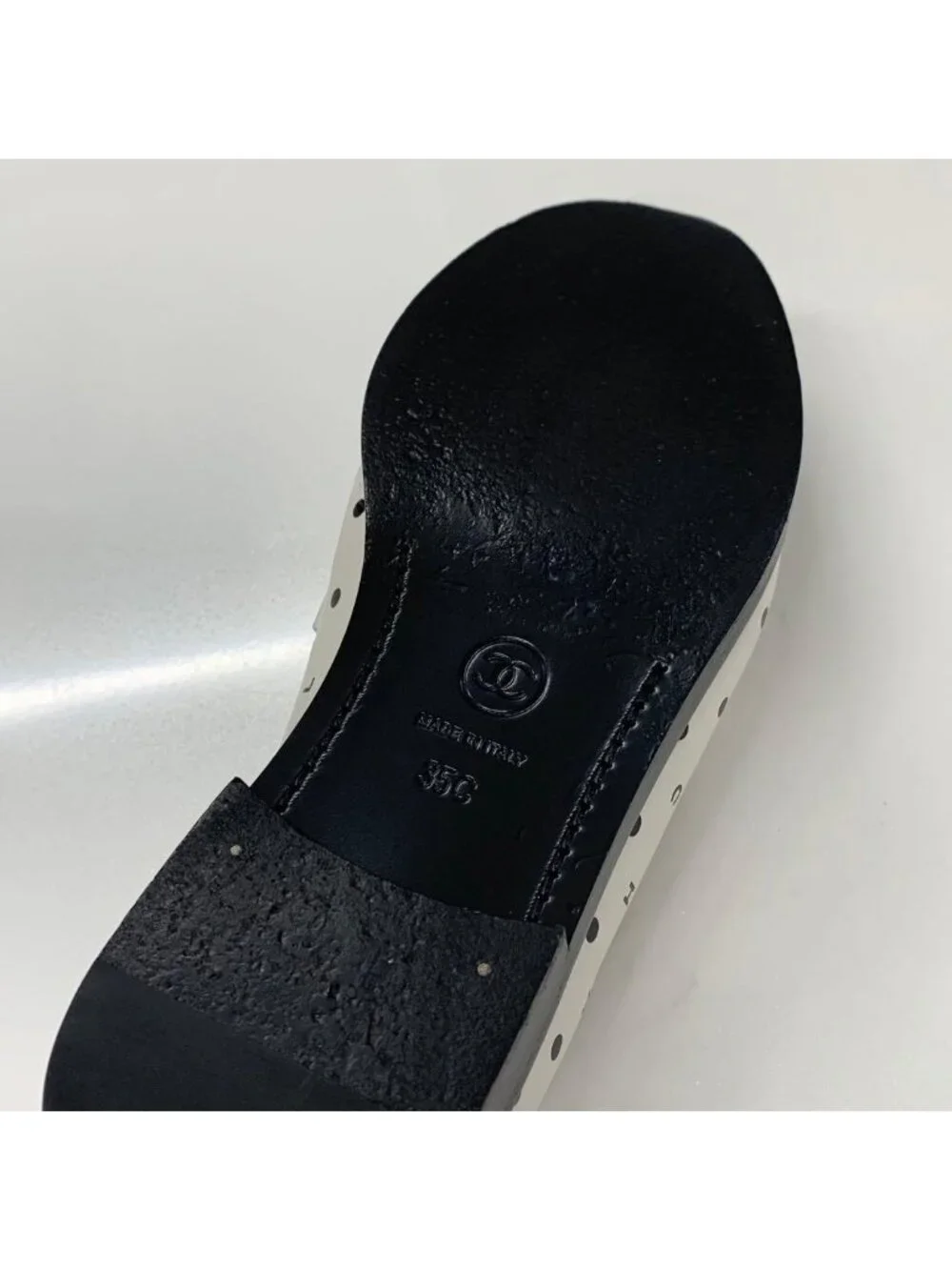 Chanel CC Logo Leather Dot Loafers White Black